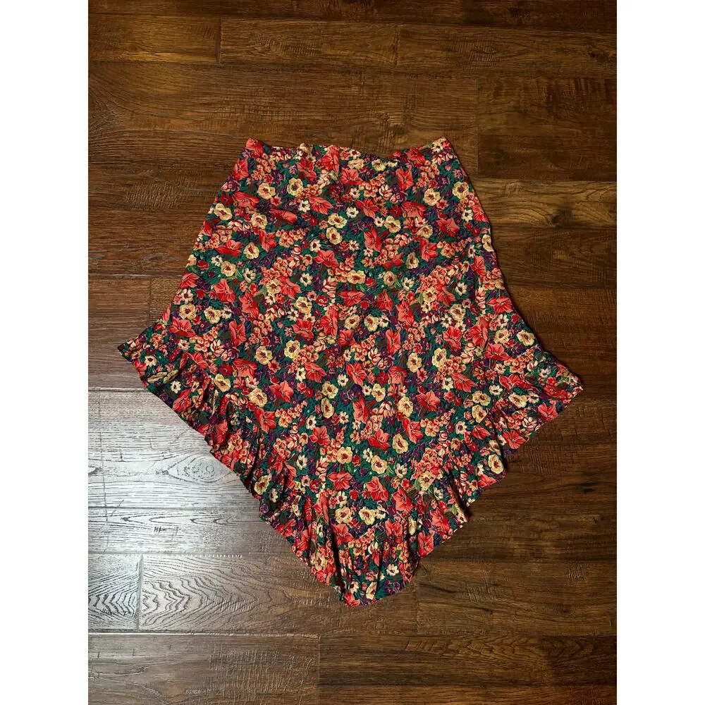 Vintage Cotton Shawl - Autumn Floral Print Ruffle Trim Handmade Wrap